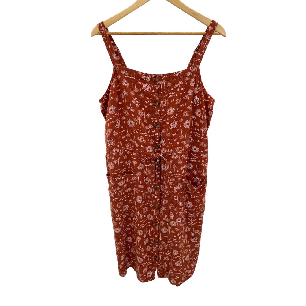 Sonoma Sun Dress Womens Large Rust Orange Linen Rayon Palm Tree Pockets Tie